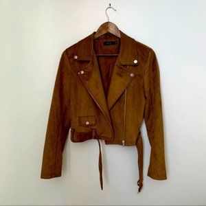 Aritzia Cropped Suede Moto Jacket in Chestnut Brown